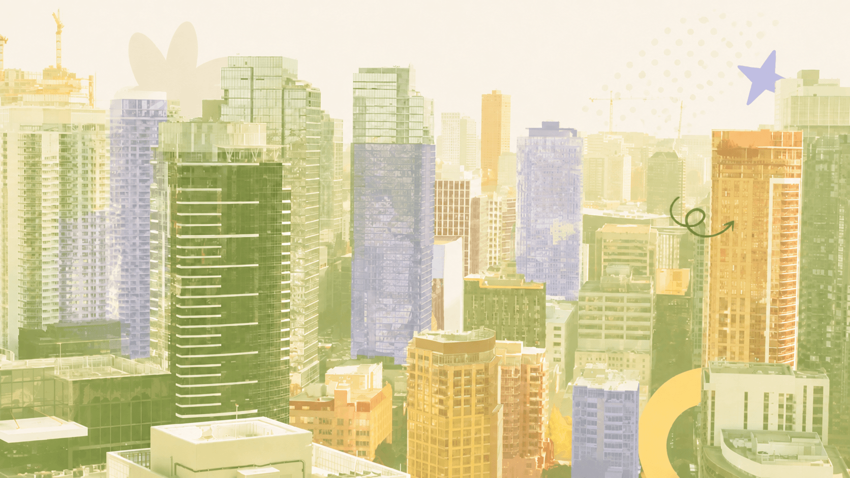 A warm, illustrated view of Seattle's downtown skyline